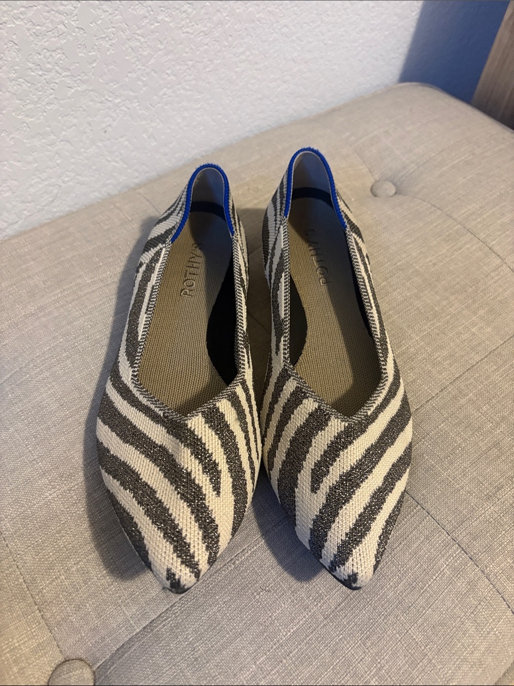 Rothy's Zebra-Pattern Pointed Flats in shimmer silver and White 8